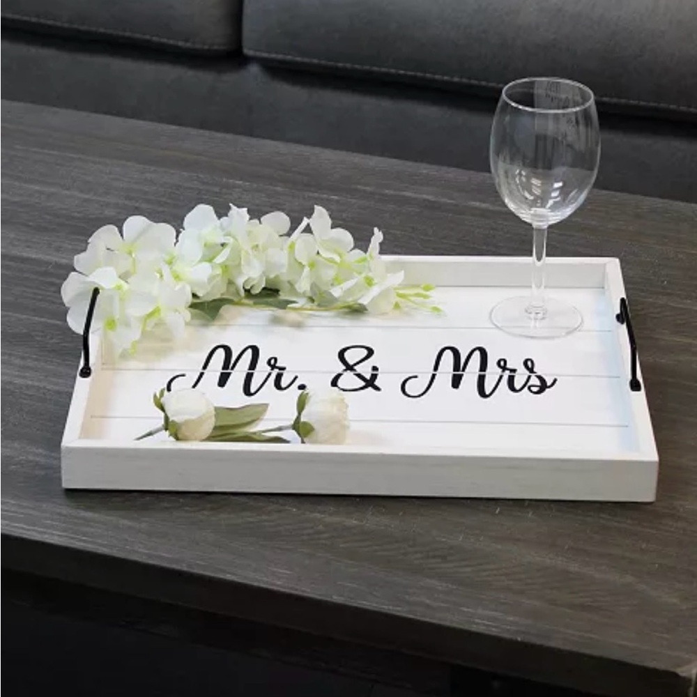 Mr. & Mrs. Wood Serving Tray with Handles. Perfect for special occasions.